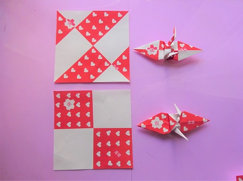 縁起の良いハートの紅白折り紙の折り鶴